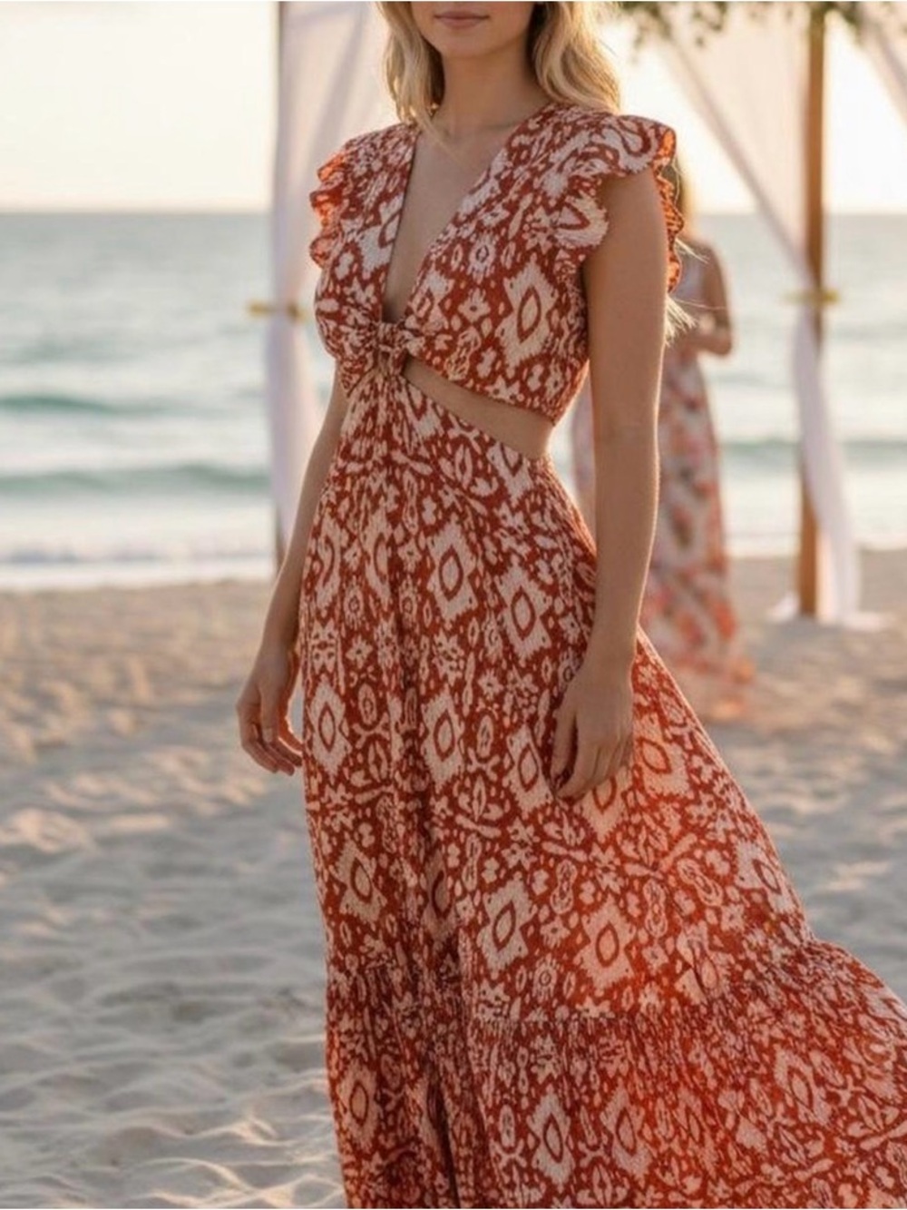 BB Dakota Orange and White Ikat Cutout Maxi Dress